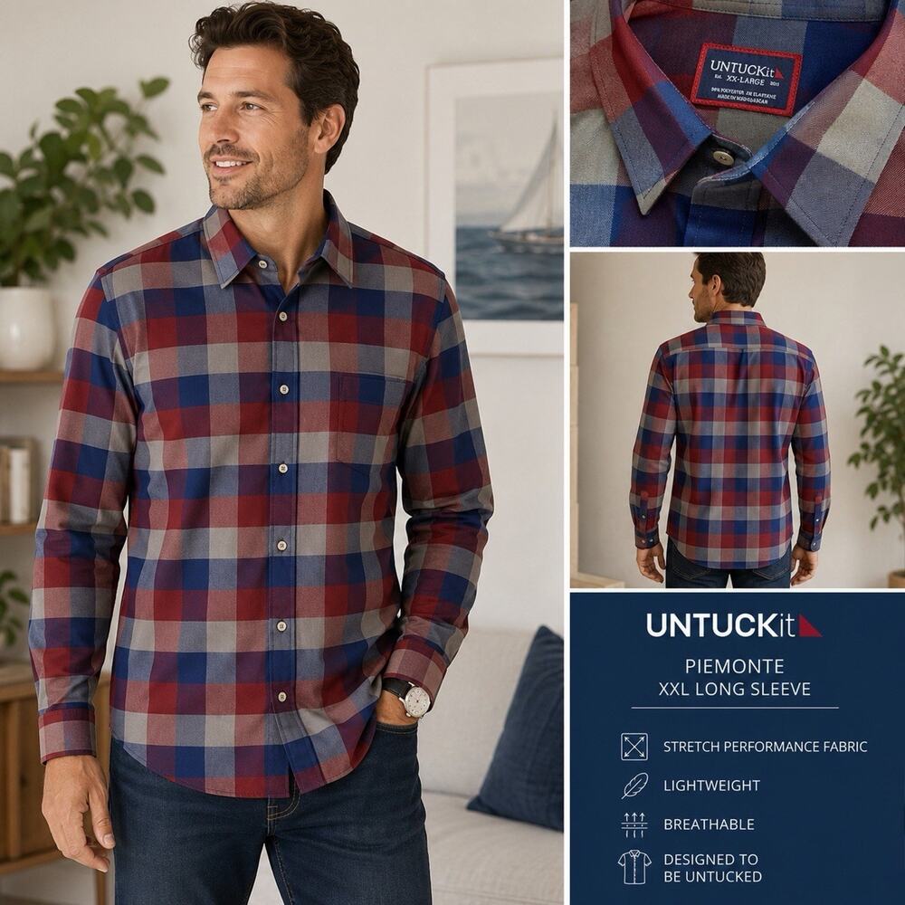 UNTUCKit Men’s XXL Piemonte Blue Red Check Button Up Shirt Stretch Oxford